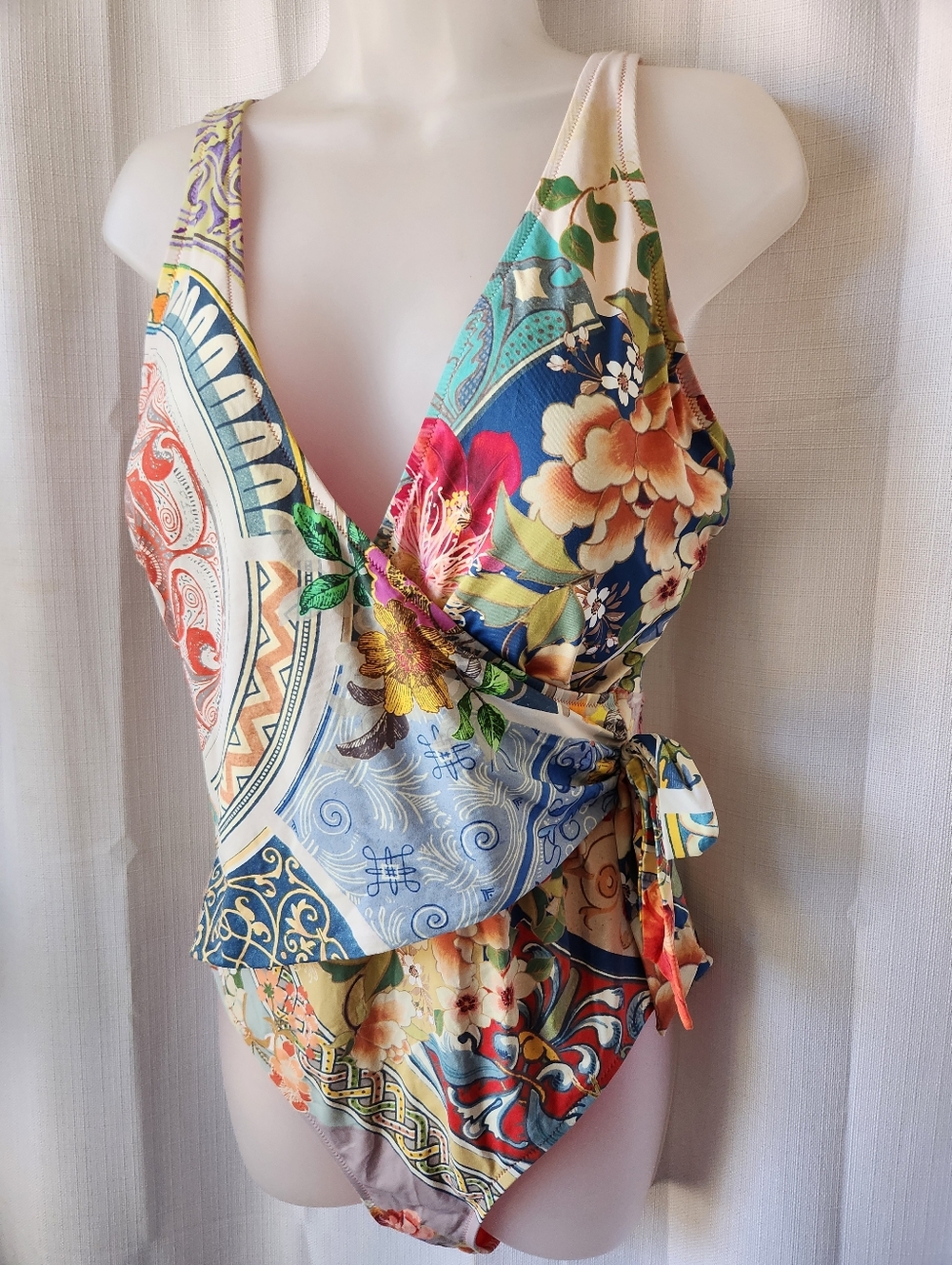 Johnny Was Women’s Boho Multicolor Floral Print Wrap One Piece Swimsuit Size XL - Picture 6 of 11